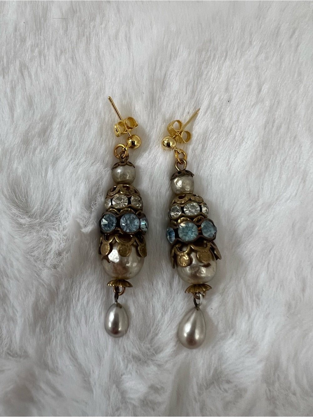 Gold-Tone Pearl Drop Earrings with Blue Crystal Accents